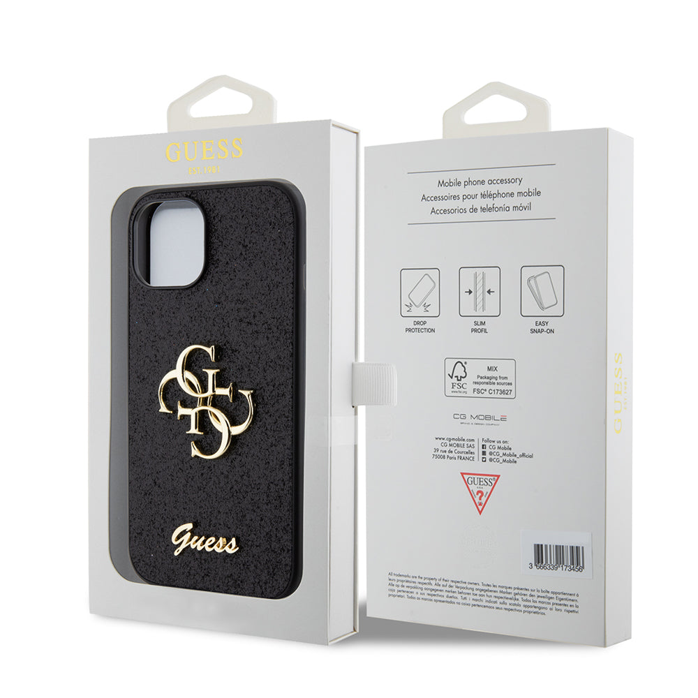 Etui til Apple iPhone 15, Guess, Glitter Big 4G Script, Sort