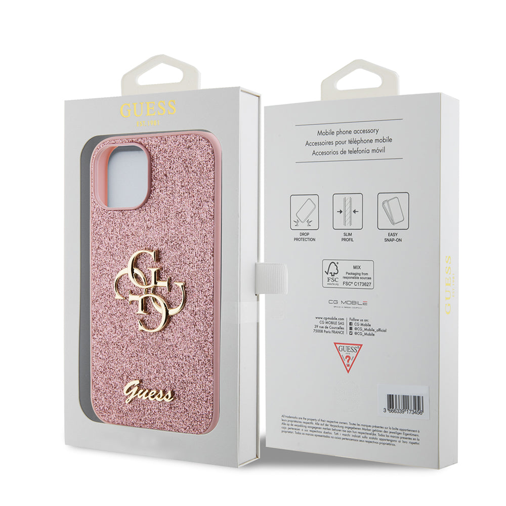 Etui til Apple iPhone 15, Guess, Glitter Big 4G Script, Pink