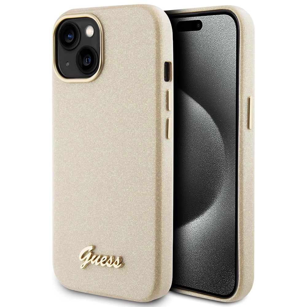 Etui til Apple iPhone 15, Guess, Glitter Glossy Script, Beige