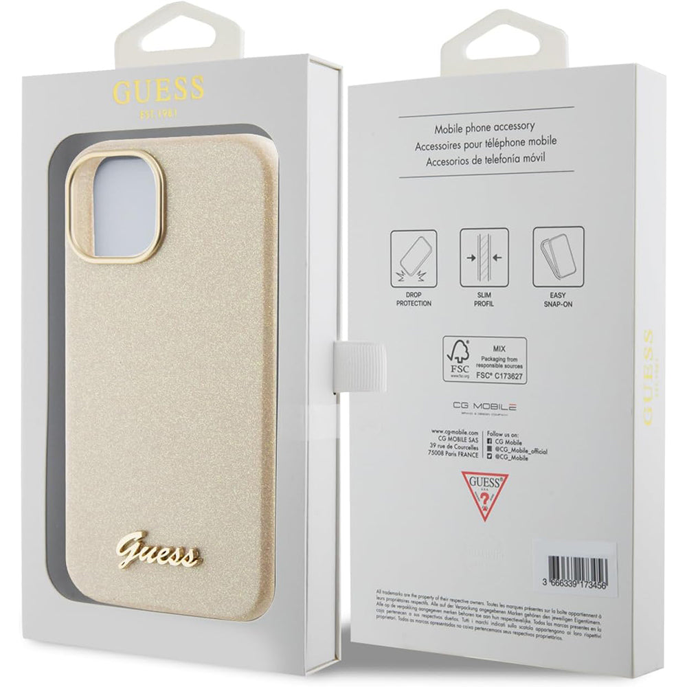 Etui til Apple iPhone 15, Guess, Glitter Glossy Script, Beige