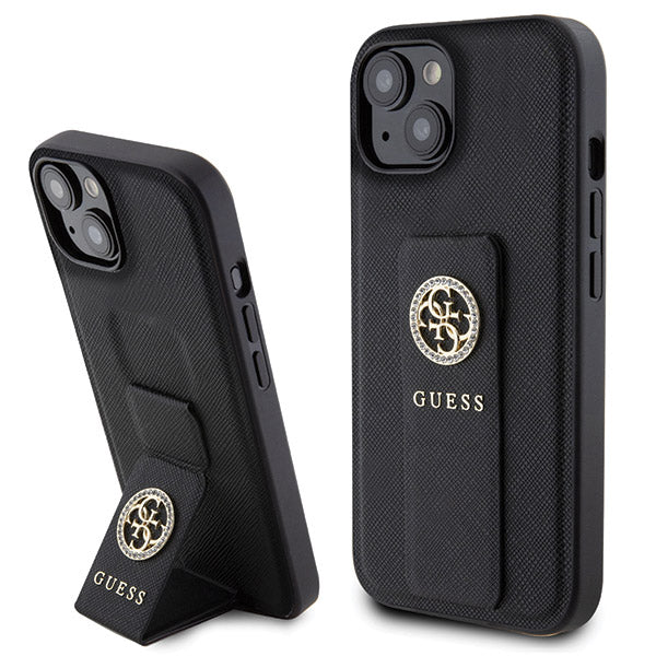Case for Apple iPhone 15, Guess, Grip Stand 4G Saffiano Strass, Black