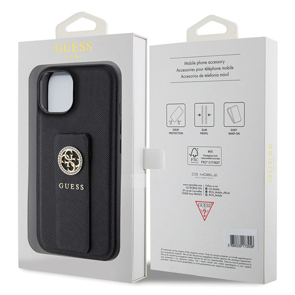 Case for Apple iPhone 15, Guess, Grip Stand 4G Saffiano Strass, Black