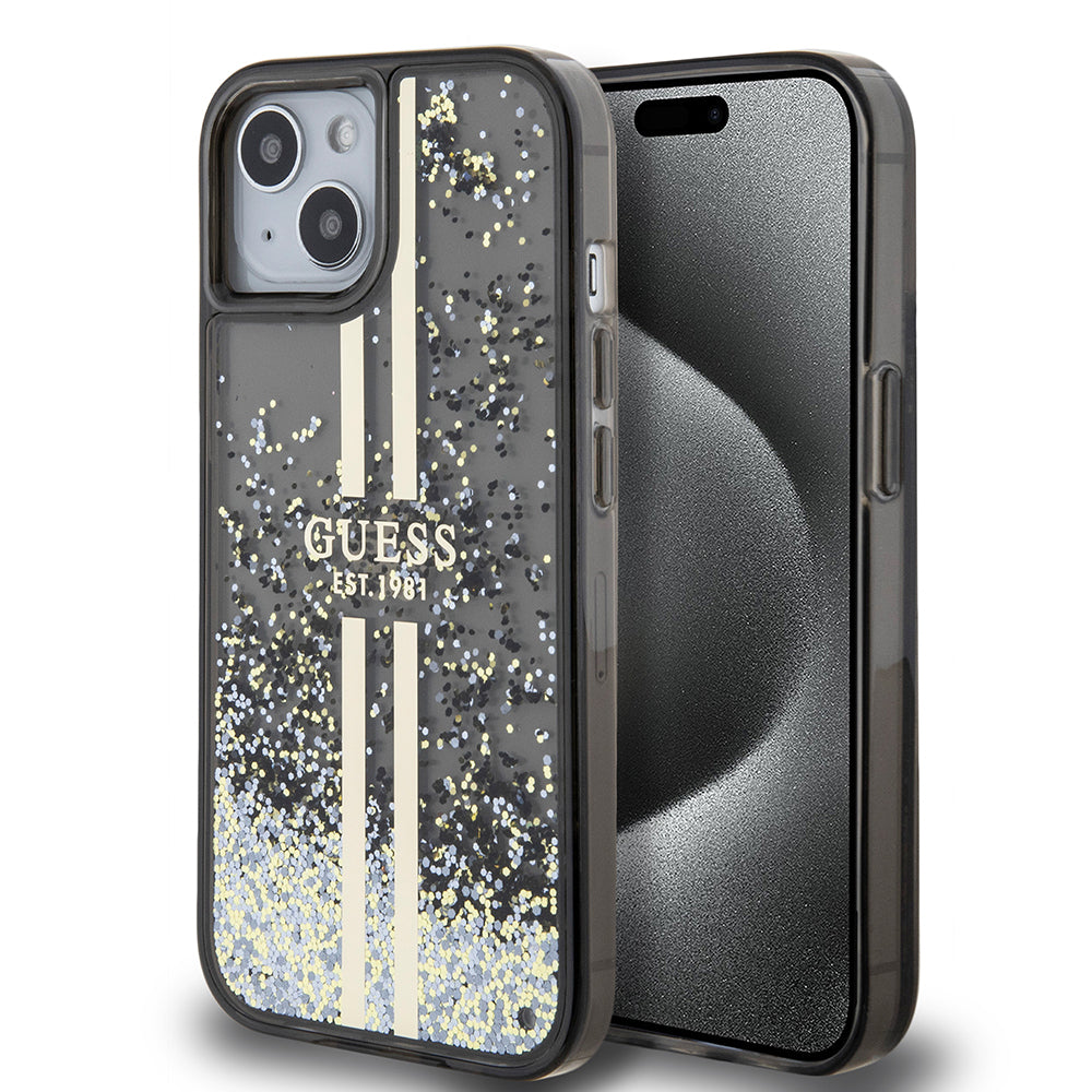 Etui til Apple iPhone 15, Guess, Liquid Glitter Gold Stripes, Sort