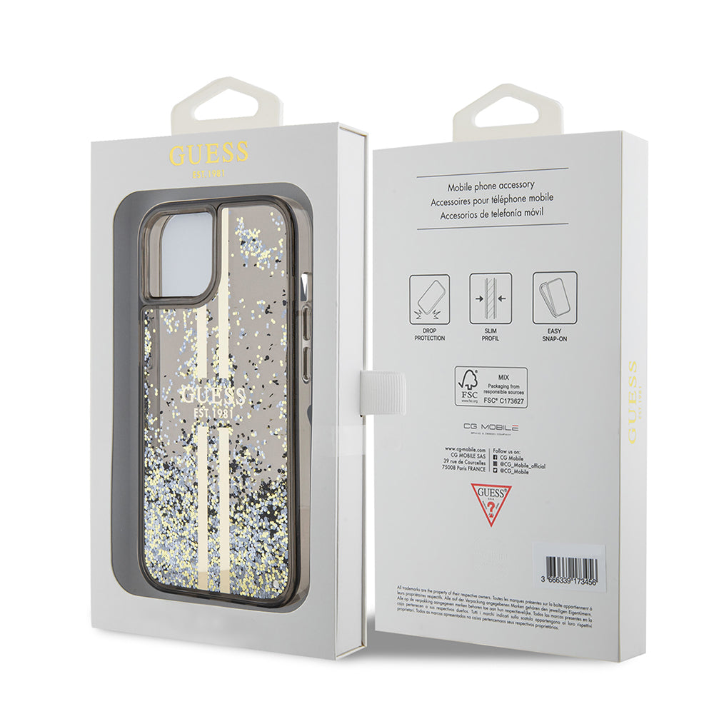 Etui til Apple iPhone 15, Guess, Liquid Glitter Gold Stripes, Sort