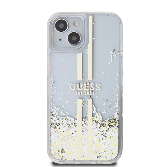Etui til Apple iPhone 15, Guess, Liquid Glitter Gold Stripes, Gennemsigtig