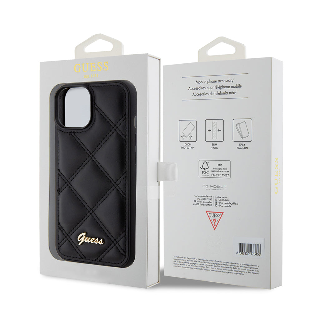 Etui til Apple iPhone 15, Guess, Quilted Metal Logo, Sort