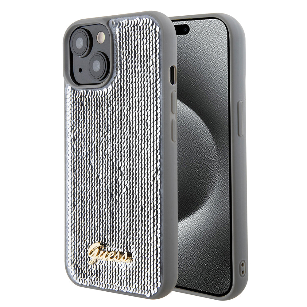 Etui til Apple iPhone 15, Guess, Sequin Script Metal, Sølvfarvet