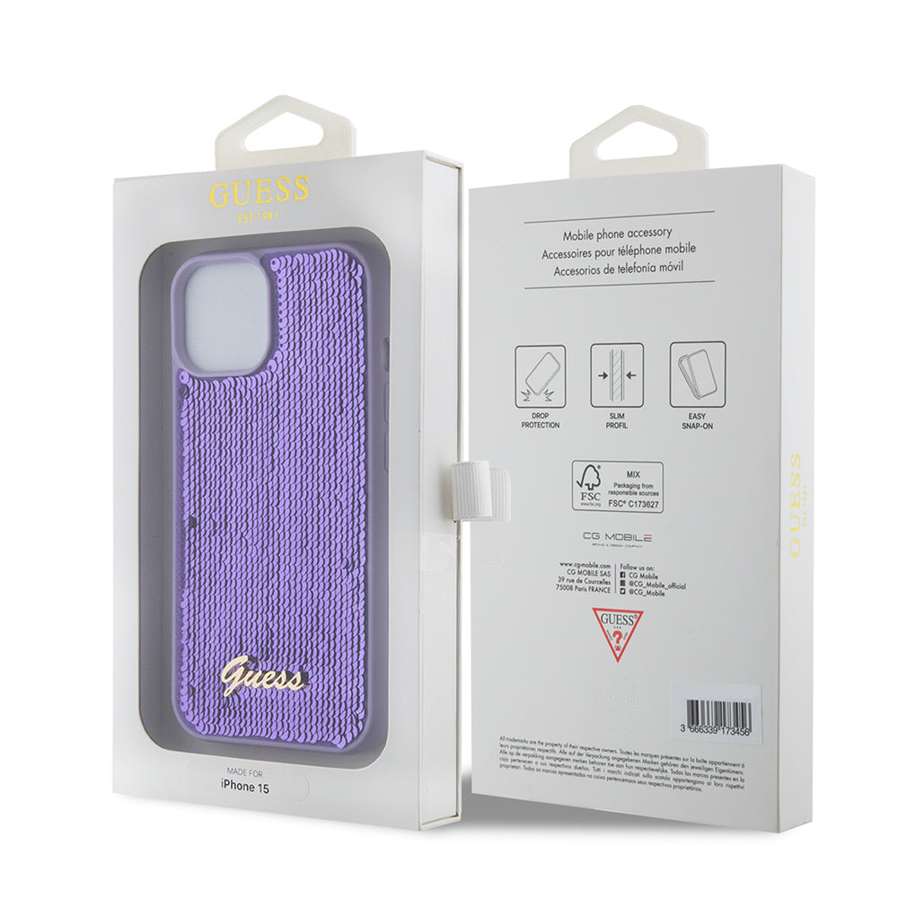Etui til Apple iPhone 15, Guess, Sequin Script Metal, Lilla