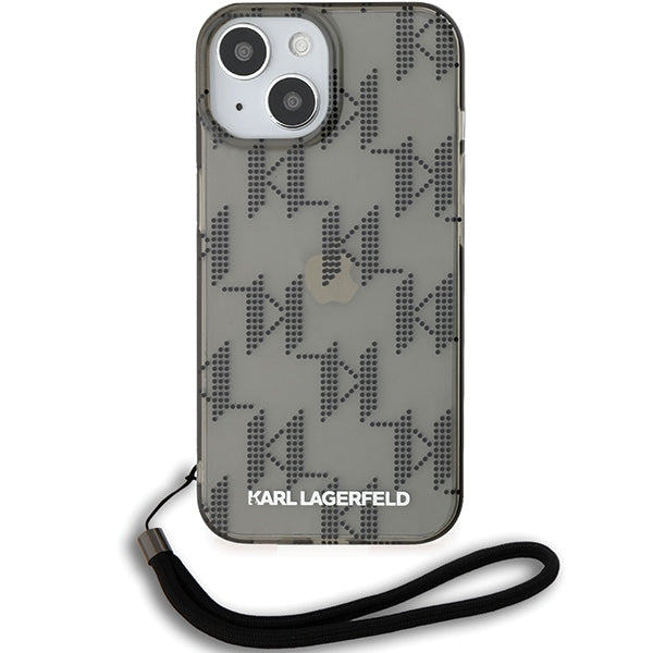 Cover til Apple iPhone 15, Karl Lagerfeld, IML Luxury Monogram KL Mønster med Strop, Sort