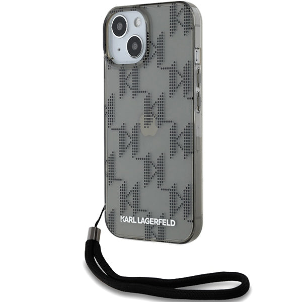 Cover til Apple iPhone 15, Karl Lagerfeld, IML Luxury Monogram KL Mønster med Strop, Sort