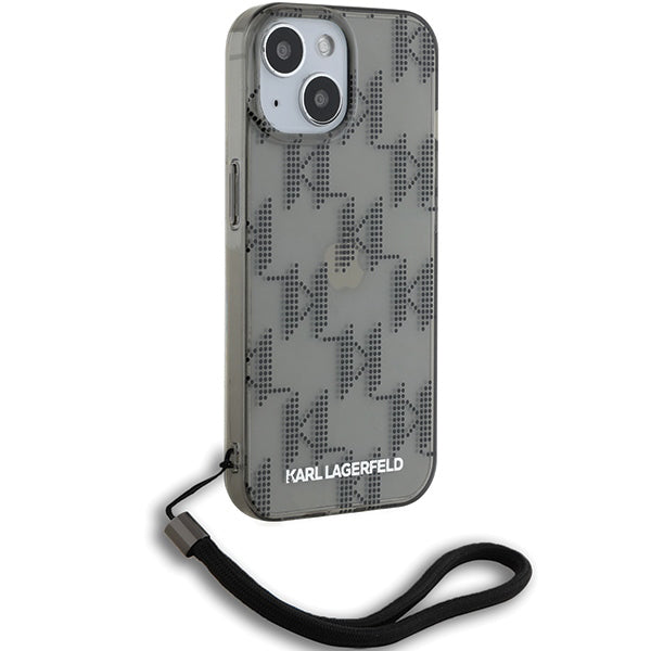 Cover til Apple iPhone 15, Karl Lagerfeld, IML Luxury Monogram KL Mønster med Strop, Sort