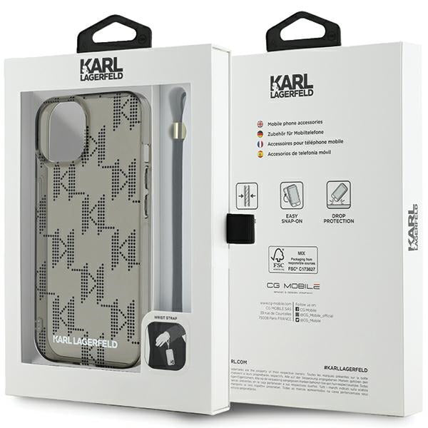 Cover til Apple iPhone 15, Karl Lagerfeld, IML Luxury Monogram KL Mønster med Strop, Sort