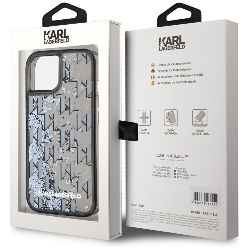 Cover til Apple iPhone 15, Karl Lagerfeld, Liquid Glitter Monogram, Sort