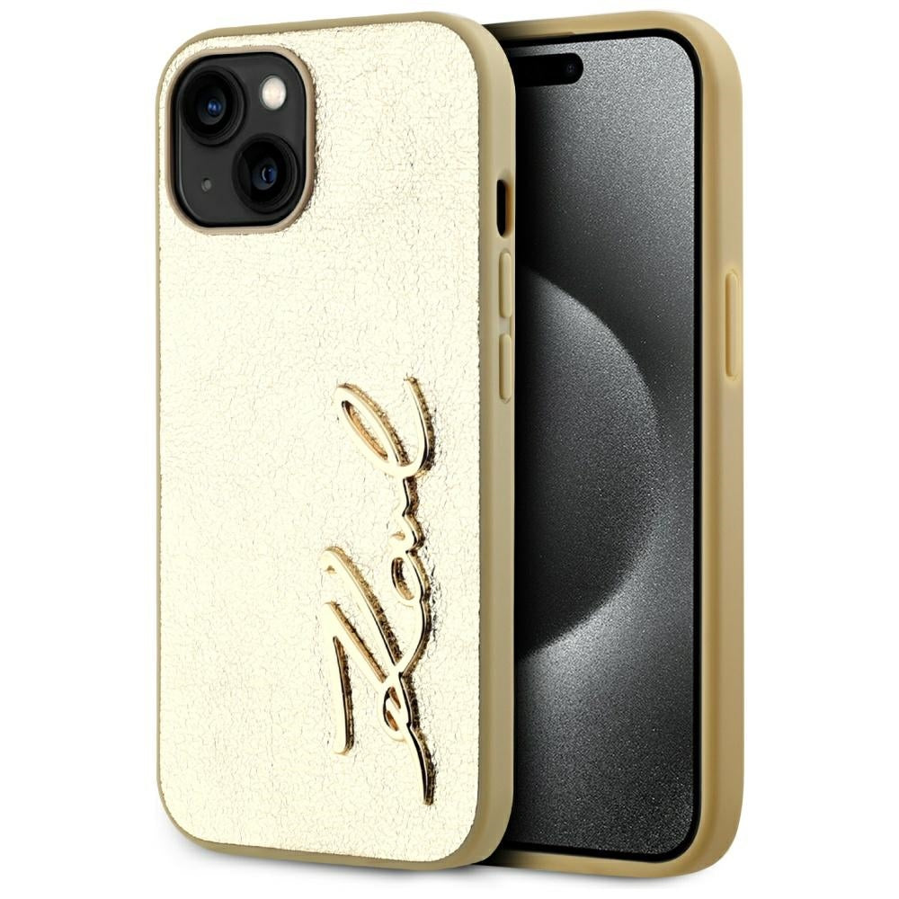 Etui til Apple iPhone 15, Karl Lagerfeld, Metal Signature, Gylden