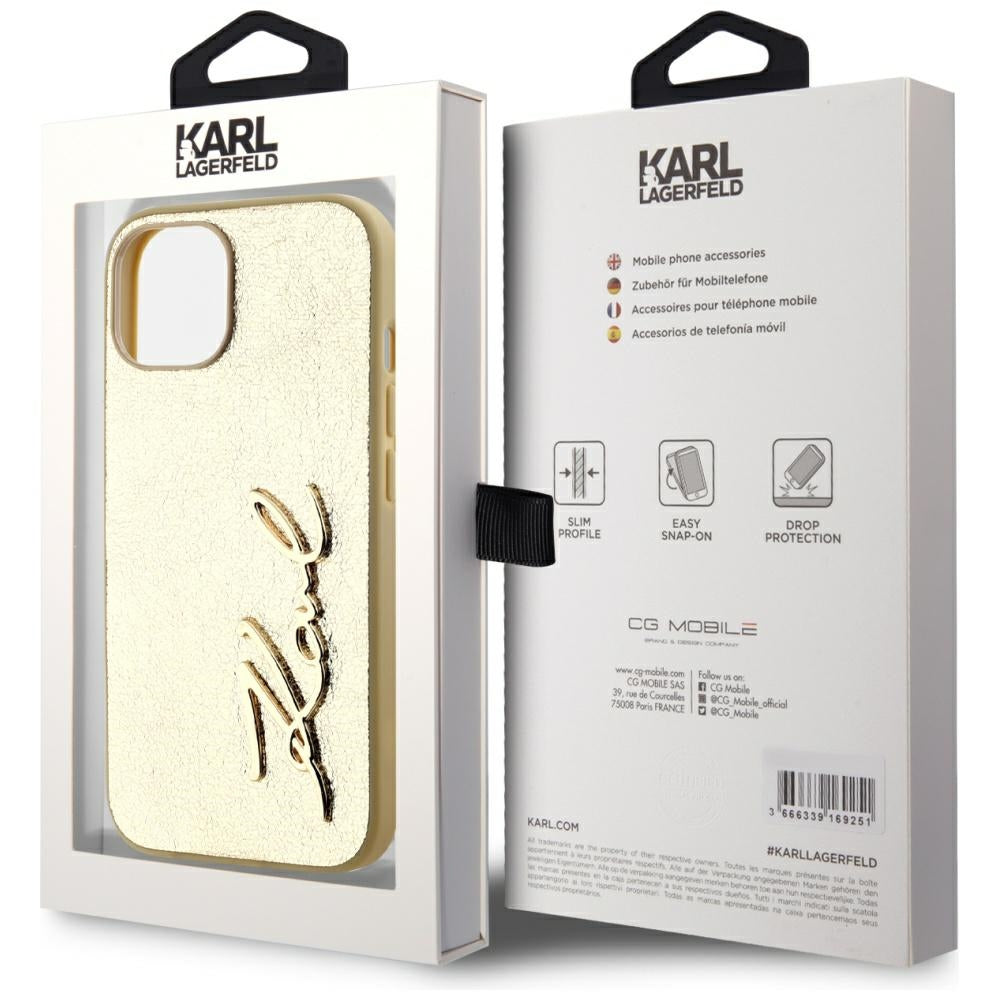 Etui til Apple iPhone 15, Karl Lagerfeld, Metal Signature, Gylden