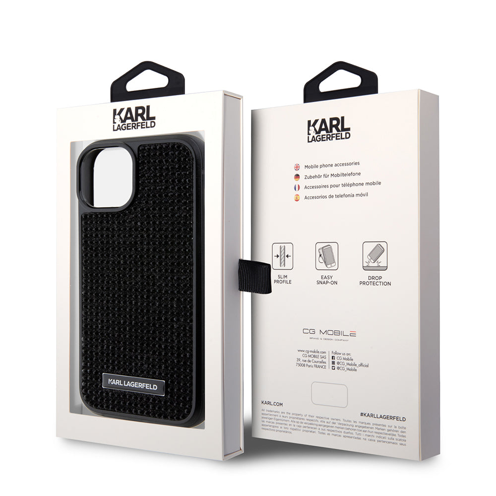 Etui til Apple iPhone 15, Karl Lagerfeld, Rhinestone Metal Plate, Sort