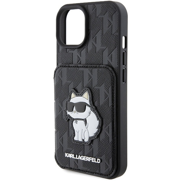 Etui til Apple iPhone 15, Karl Lagerfeld, Saffiano Cardslots and Stand Monogram Choupette, Sort