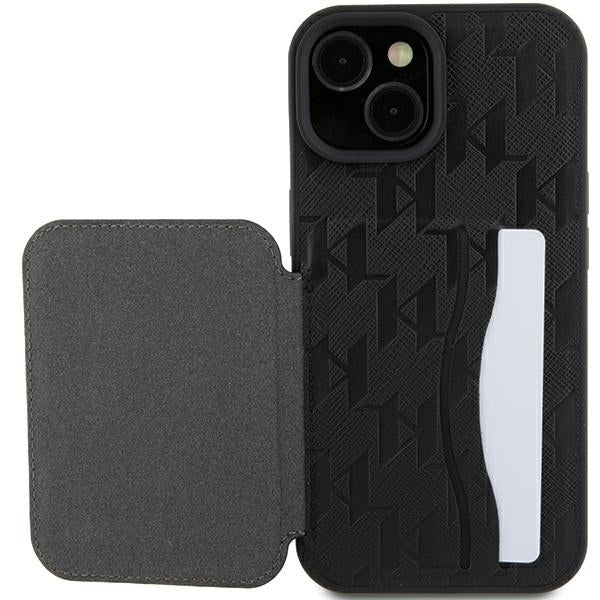 Etui til Apple iPhone 15, Karl Lagerfeld, Saffiano Cardslots and Stand Monogram Choupette, Sort