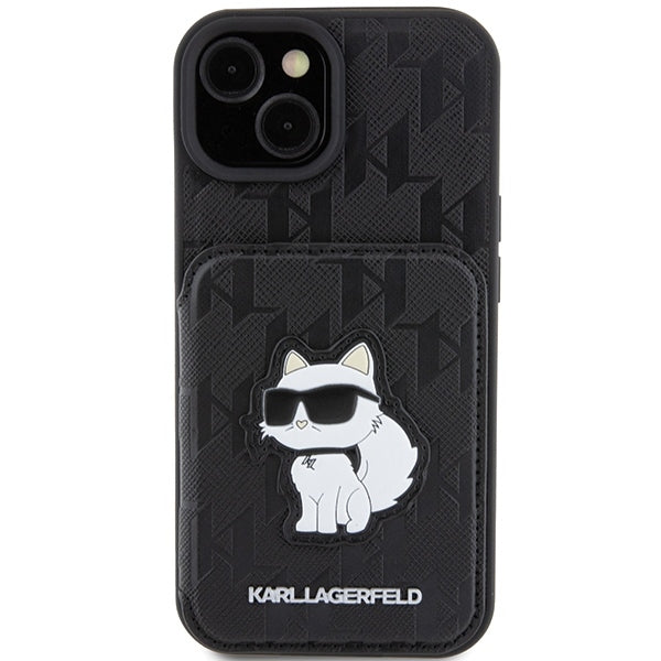 Etui til Apple iPhone 15, Karl Lagerfeld, Saffiano Cardslots and Stand Monogram Choupette, Sort