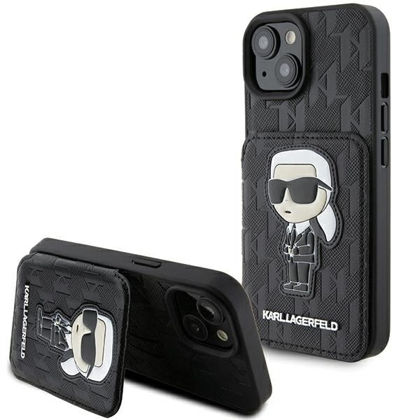 Etui til Apple iPhone 15, Karl Lagerfeld, Saffiano Cardslots and Stand Monogram Ikonik Karl, Sort