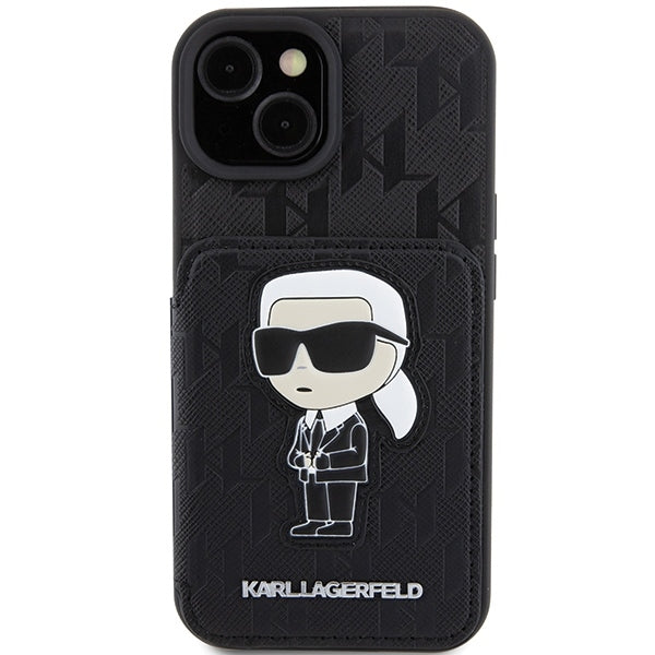 Etui til Apple iPhone 15, Karl Lagerfeld, Saffiano Cardslots and Stand Monogram Ikonik Karl, Sort