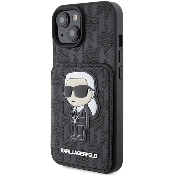 Etui til Apple iPhone 15, Karl Lagerfeld, Saffiano Cardslots and Stand Monogram Ikonik Karl, Sort