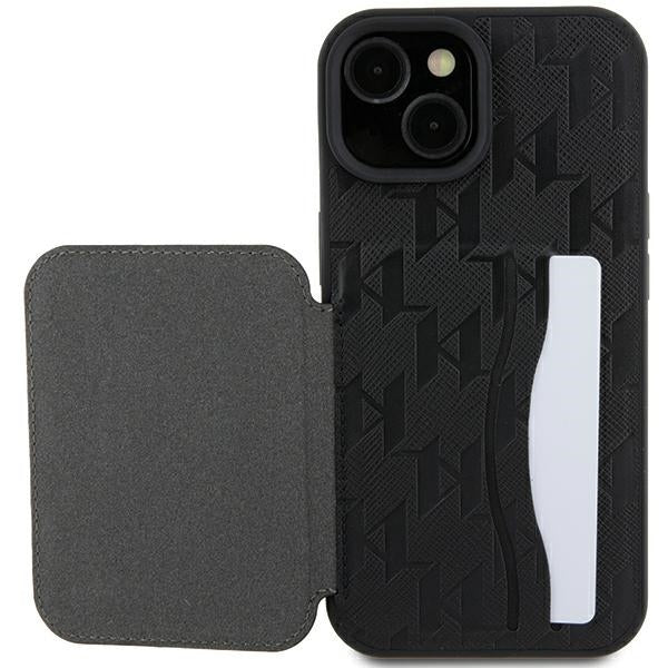 Etui til Apple iPhone 15, Karl Lagerfeld, Saffiano Cardslots and Stand Monogram Ikonik Karl, Sort