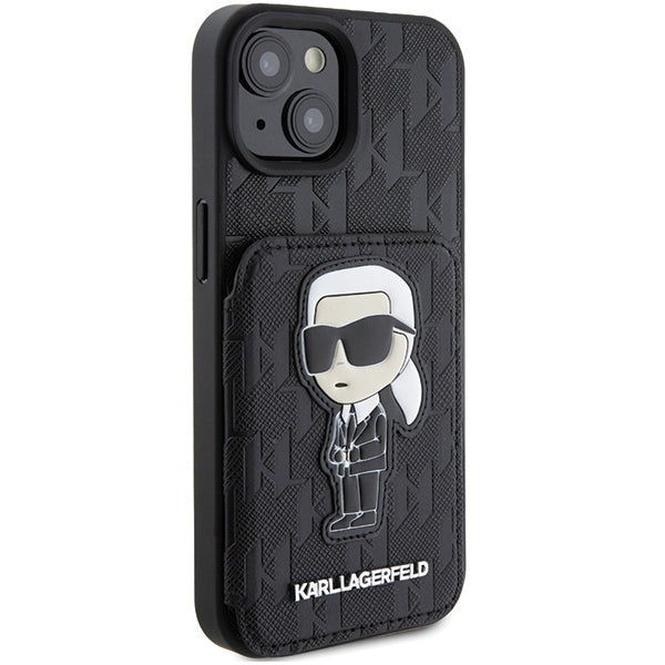 Etui til Apple iPhone 15, Karl Lagerfeld, Saffiano Cardslots and Stand Monogram Ikonik Karl, Sort