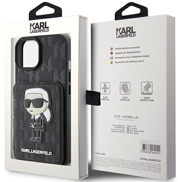 Etui til Apple iPhone 15, Karl Lagerfeld, Saffiano Cardslots and Stand Monogram Ikonik Karl, Sort