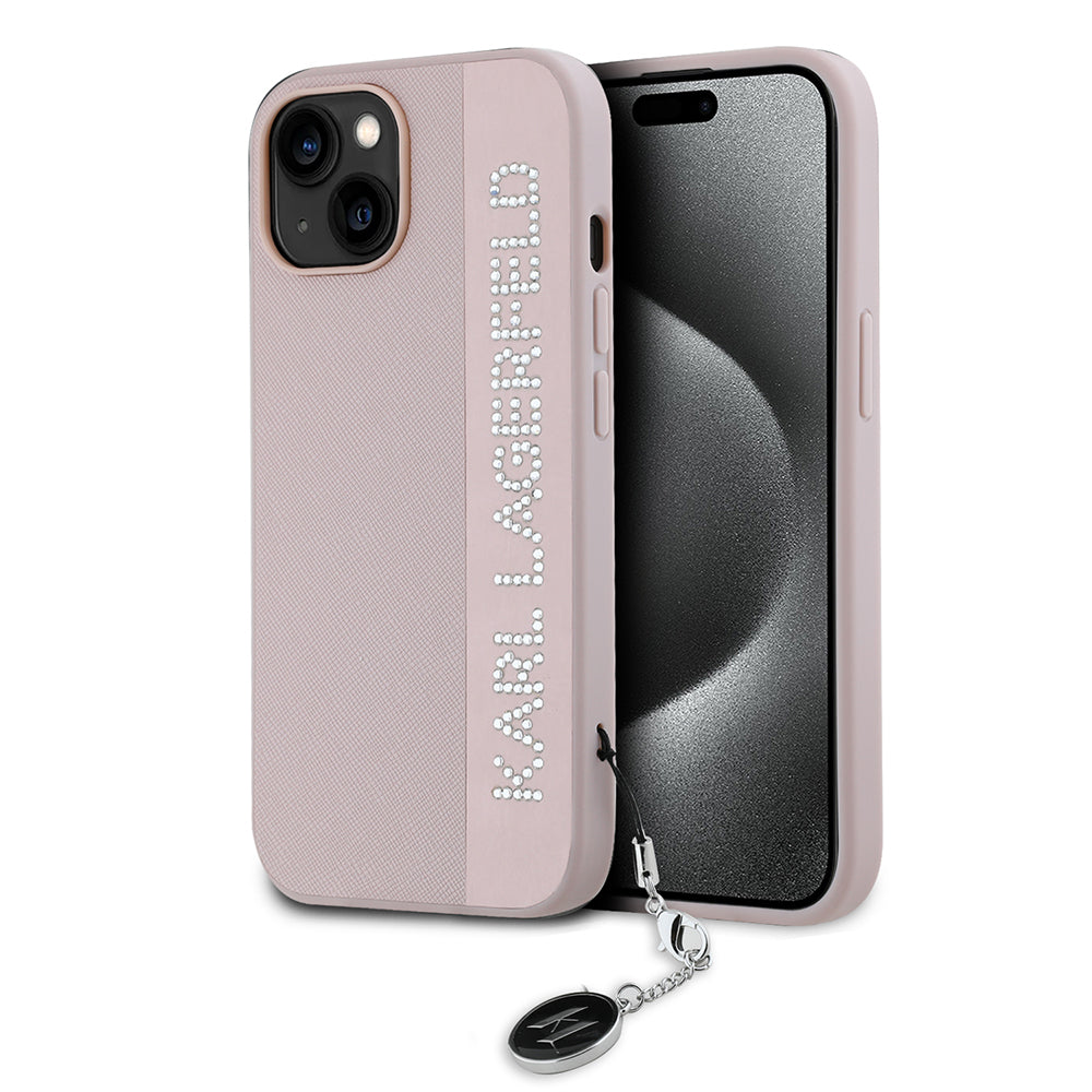 Etui til Apple iPhone 15, Karl Lagerfeld, Saffiano Rhinestones & Charm, Pink