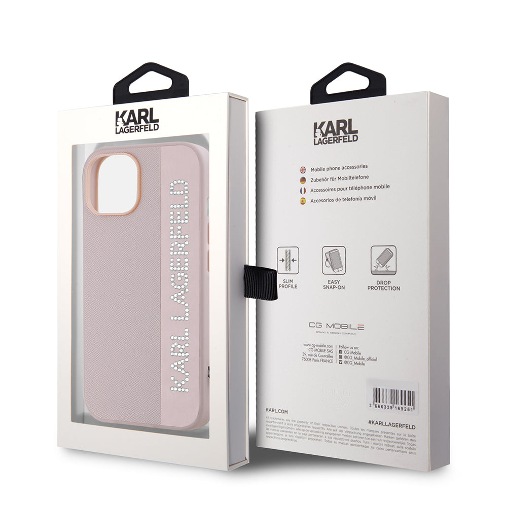 Etui til Apple iPhone 15, Karl Lagerfeld, Saffiano Rhinestones & Charm, Pink