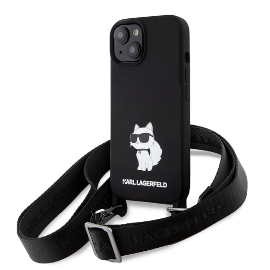 Etui til Apple iPhone 15, Karl Lagerfeld, Silicone Crossbody Choupette, Sort