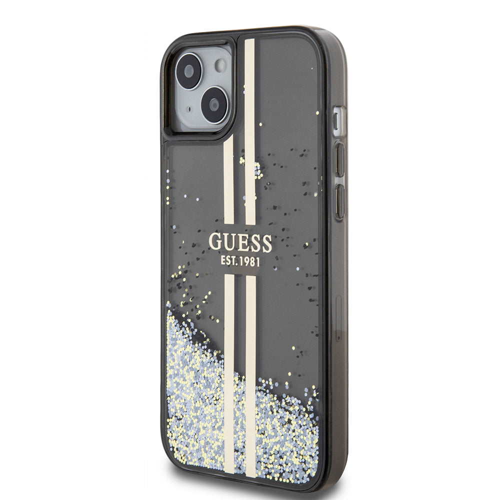 Etui til Apple iPhone 15 Plus, Guess, Liquid Glitter Gold Stripes, Sort