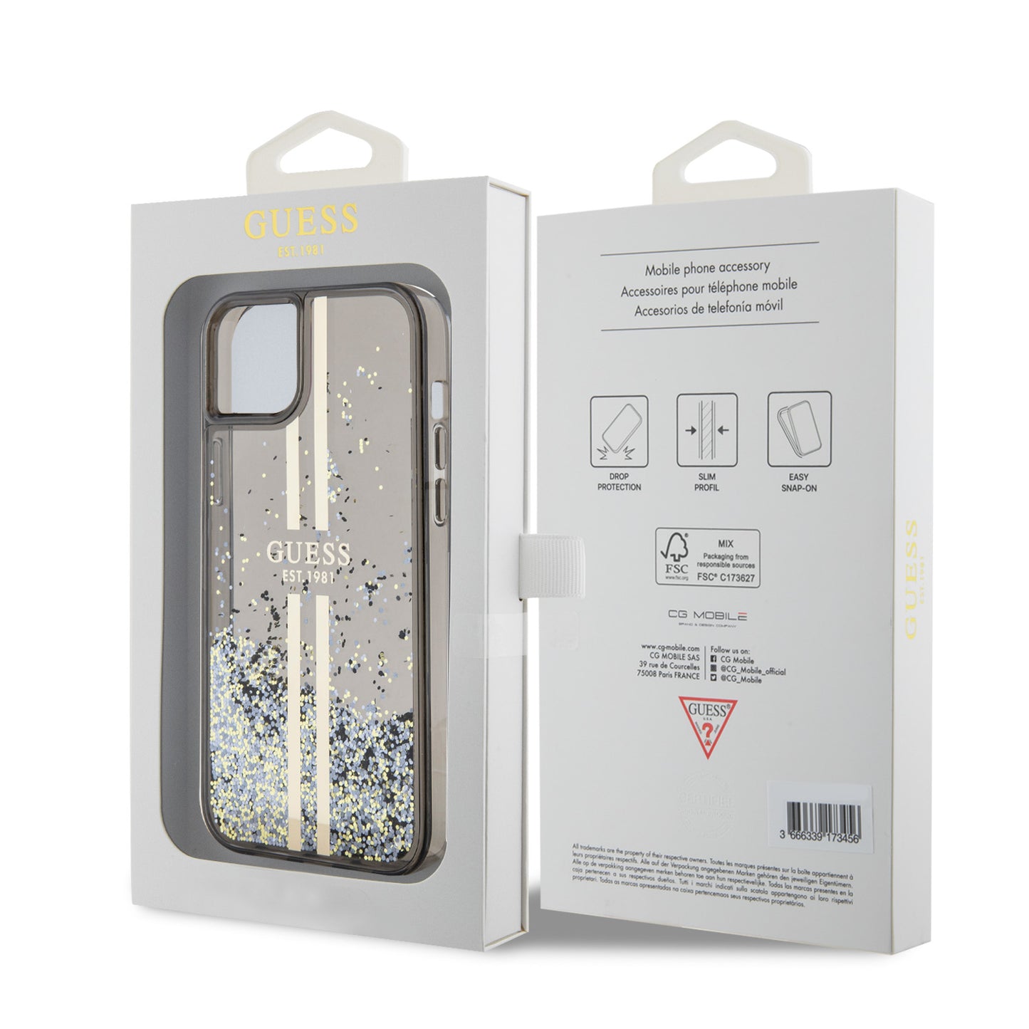 Etui til Apple iPhone 15 Plus, Guess, Liquid Glitter Gold Stripes, Sort