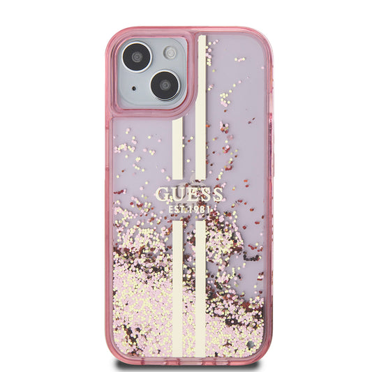 Etui til Apple iPhone 15 Plus, Guess, Liquid Glitter Gold Stripes, Pink