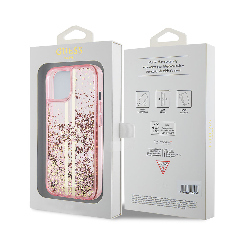 Etui til Apple iPhone 15 Plus, Guess, Liquid Glitter Gold Stripes, Pink