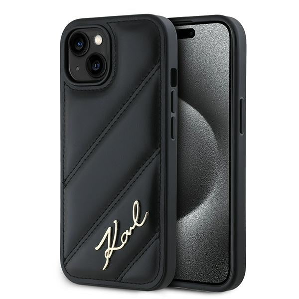 Etui til Apple iPhone 15 Plus, Karl Lagerfeld, Diagonal Quilted Script, Sort