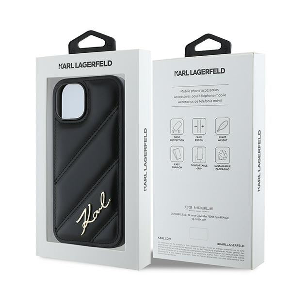 Etui til Apple iPhone 15 Plus, Karl Lagerfeld, Diagonal Quilted Script, Sort