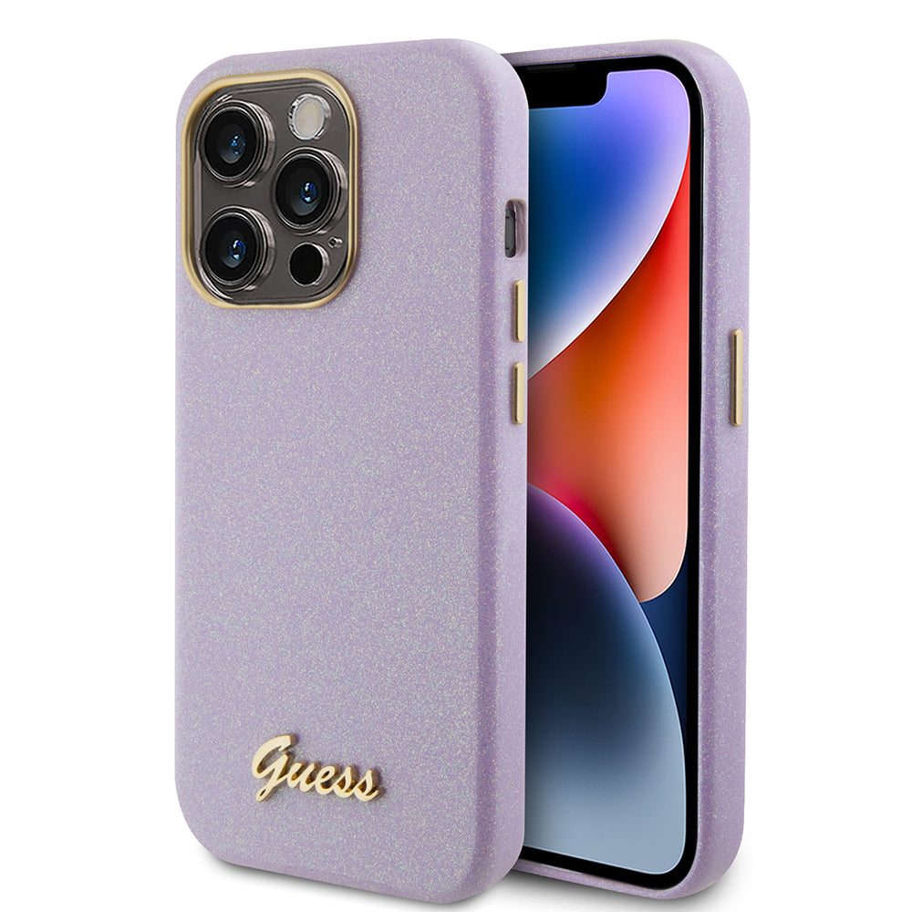 Etui til Apple iPhone 15 Pro, Guess, Glitter Glossy Script, Lys Lilla