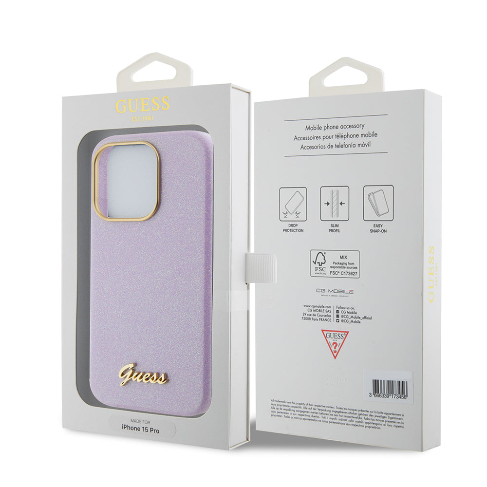 Etui til Apple iPhone 15 Pro, Guess, Glitter Glossy Script, Lys Lilla