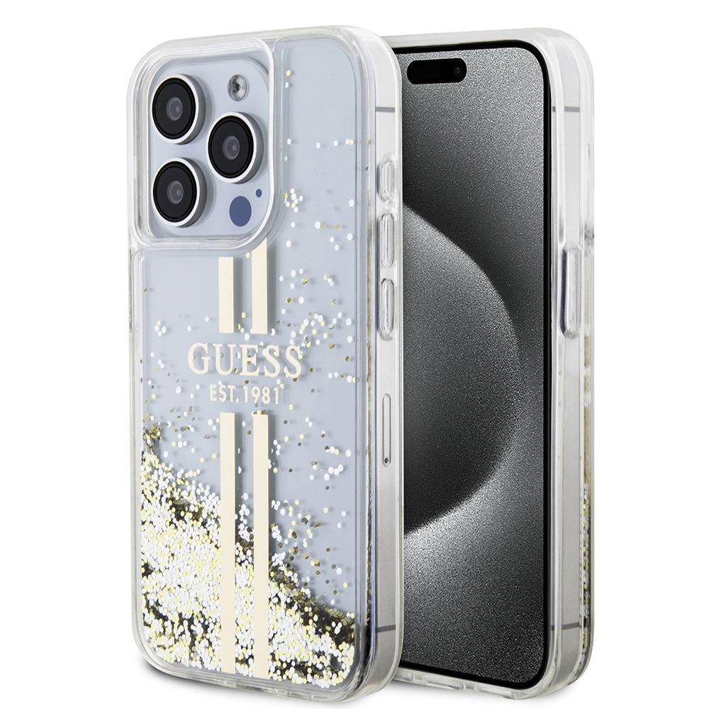 Etui til Apple iPhone 15 Pro, Guess, Liquid Glitter Gold Stripes, Gennemsigtig