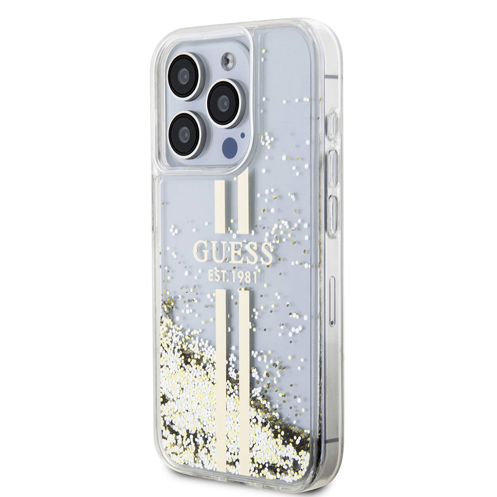 Etui til Apple iPhone 15 Pro, Guess, Liquid Glitter Gold Stripes, Gennemsigtig