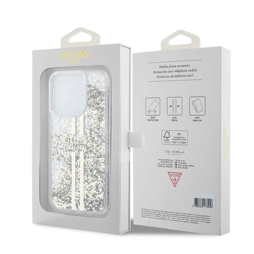 Etui til Apple iPhone 15 Pro, Guess, Liquid Glitter Gold Stripes, Gennemsigtig