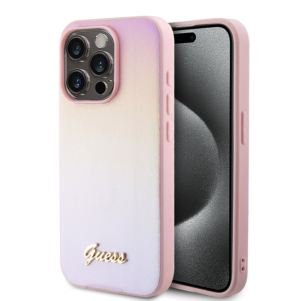 Etui til Apple iPhone 15 Pro, Guess, Saffiano Iridescent Script, Pink