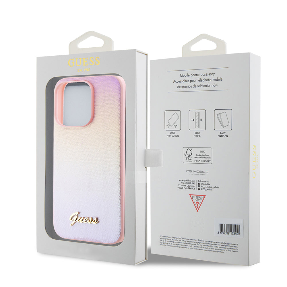 Etui til Apple iPhone 15 Pro, Guess, Saffiano Iridescent Script, Pink