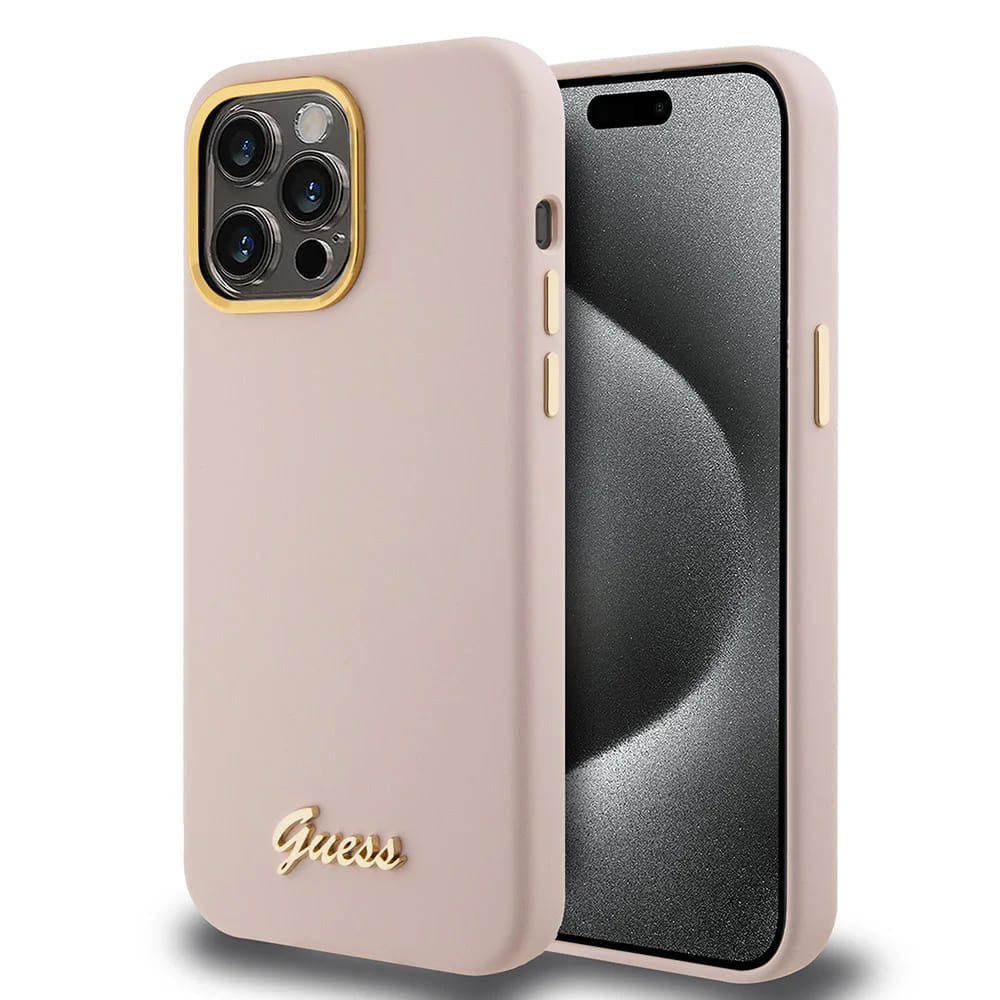 Cover til Apple iPhone 15 Pro, Guess, Script Metal Logo & Frame, Lys Rosa