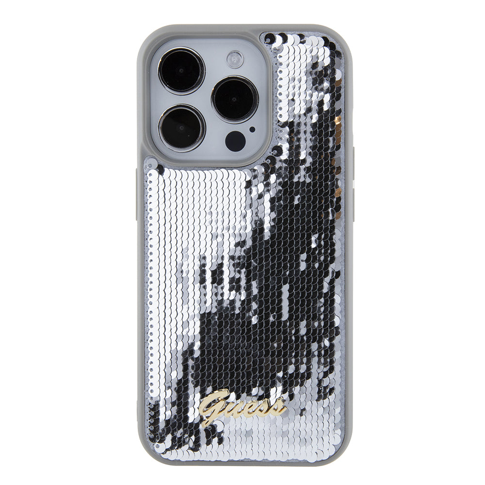 Etui til Apple iPhone 15 Pro, Guess, Sequin Script Metal, Sølvfarvet