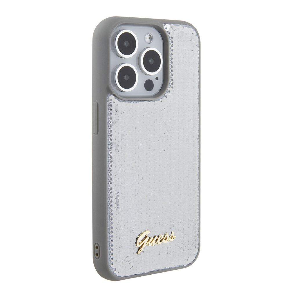 Etui til Apple iPhone 15 Pro, Guess, Sequin Script Metal, Sølvfarvet