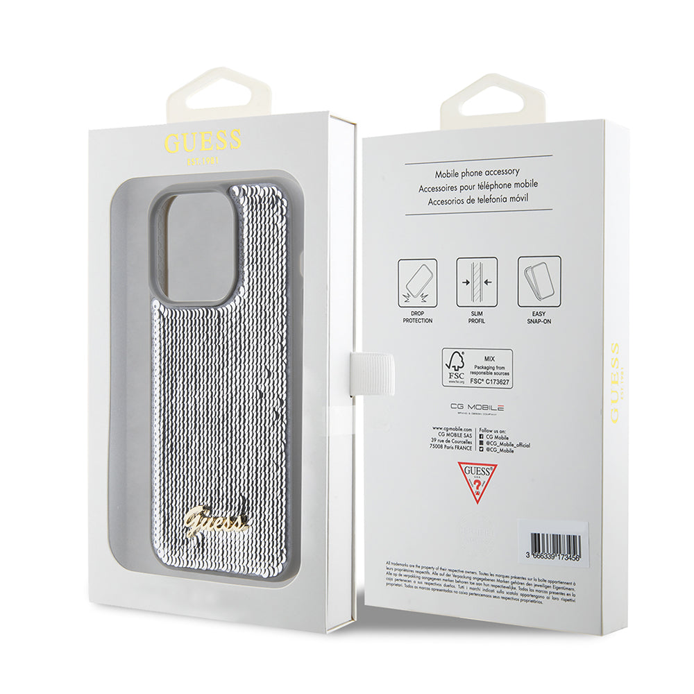 Etui til Apple iPhone 15 Pro, Guess, Sequin Script Metal, Sølvfarvet
