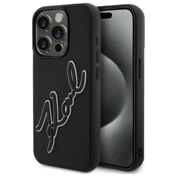 Etui til Apple iPhone 15 Pro, Karl Lagerfeld, 3D Rubber Signature, Sort